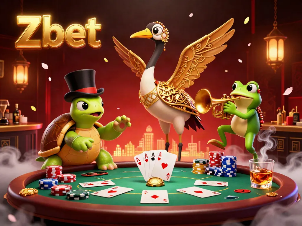 Zbet Casino provides a vibrant gambling atmosphere with characters enjoying poker and entertainment in this artistic setting.
