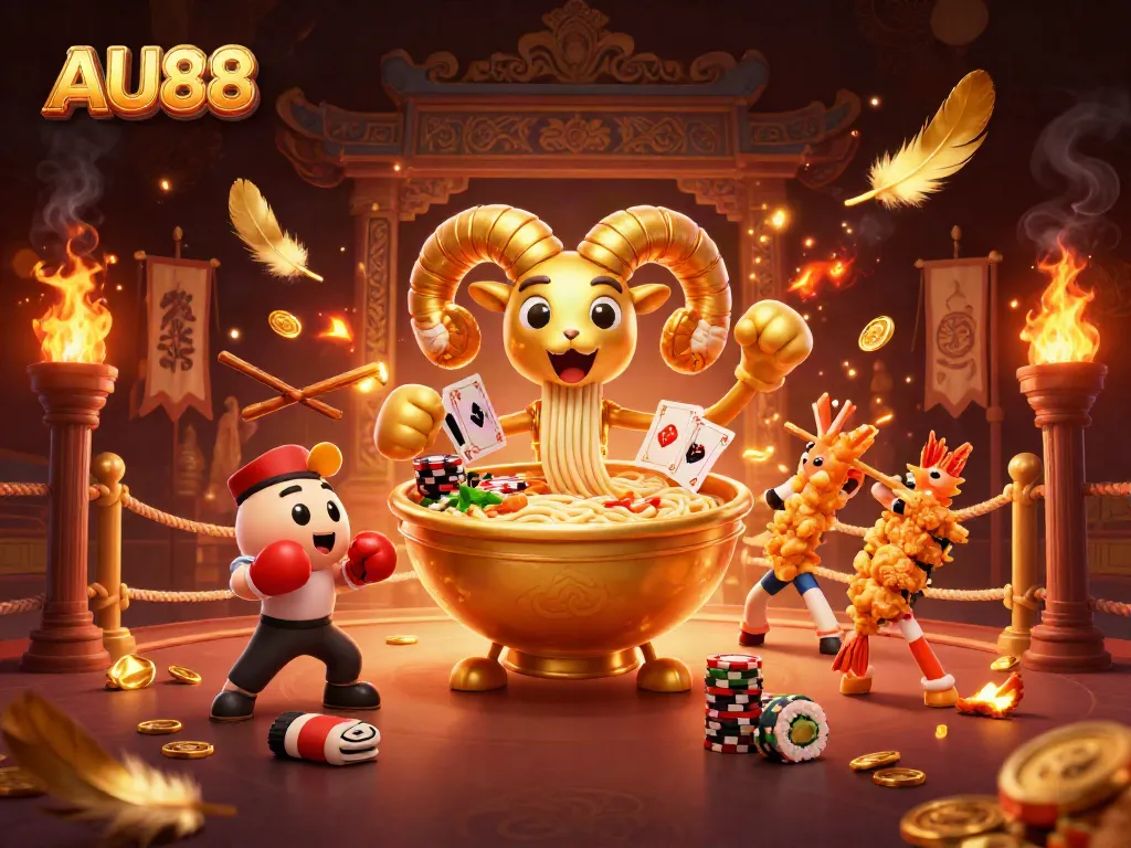 Join the excitement at AU88 with a dynamic casino scene featuring a giant ramen bowl dealer and vibrant game elements.