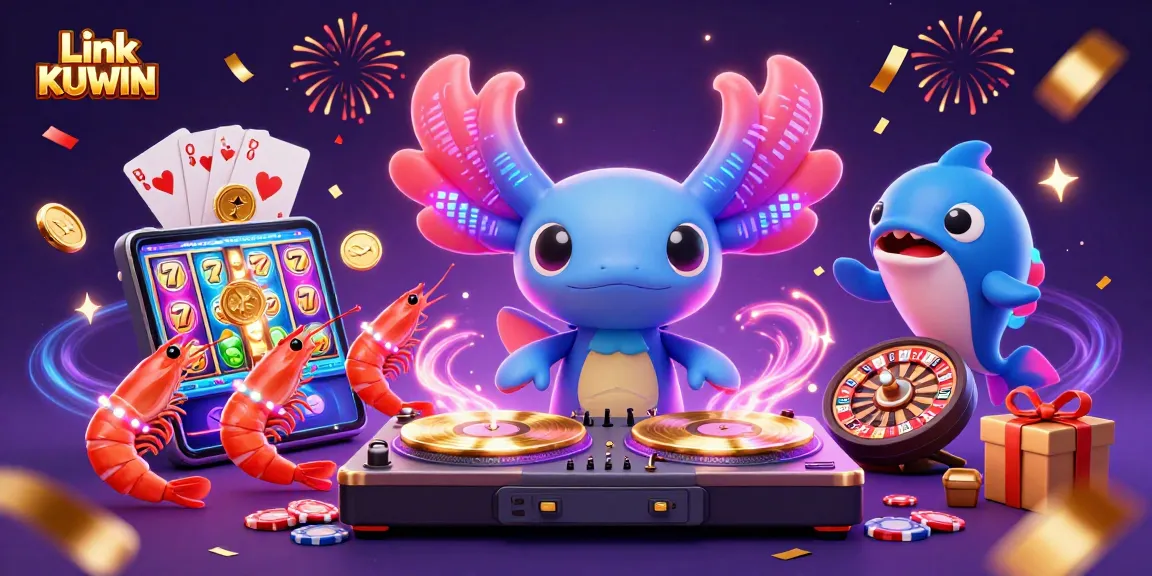 Spin vibrant slot games and win big with Link KUWIN in this colorful casino-inspired scene.