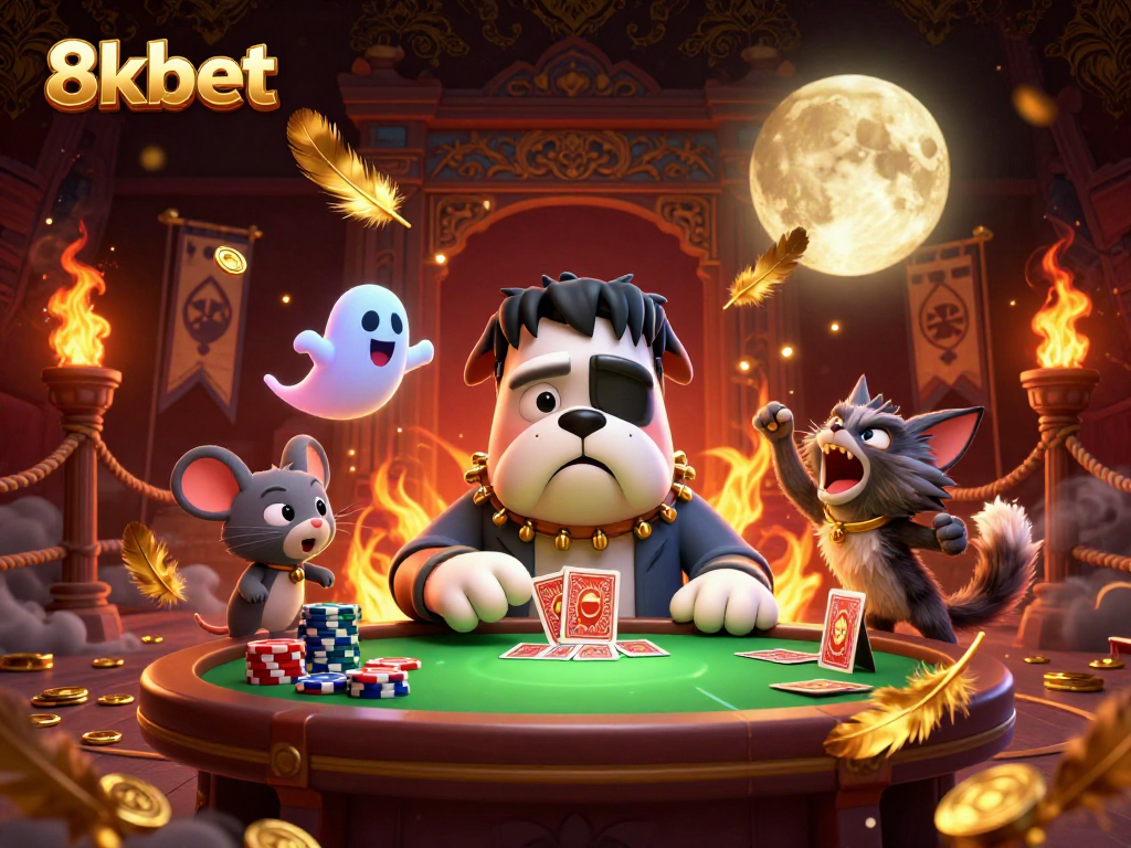 A lively scene at 8xbet featuring a Frankenstein bulldog and a werewolf kitten engaging in card games amidst golden casino elements.