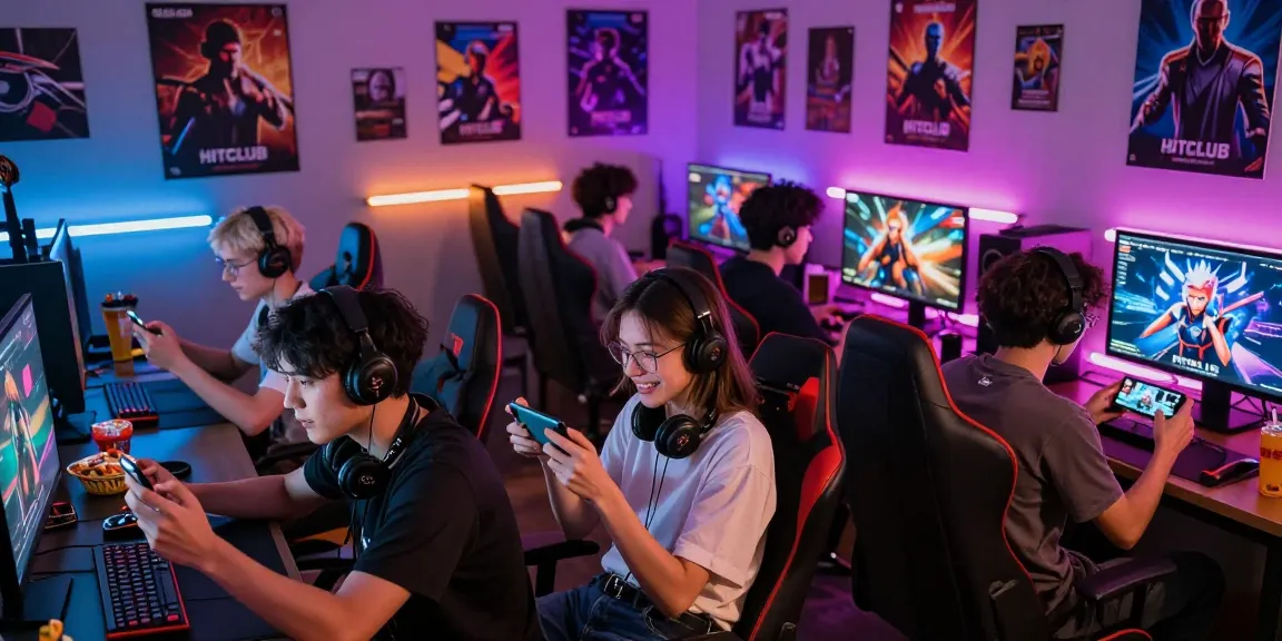 Engaged players enjoying HITCLUB gaming session with vibrant lights.