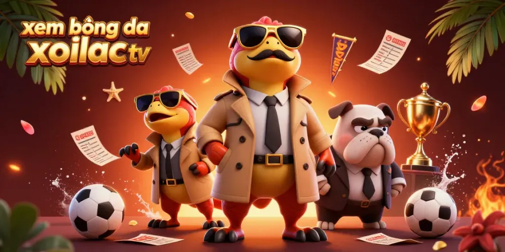 Xem bóng đá xoilac tv illustration featuring raptors in a trench coat at a sports betting lounge.