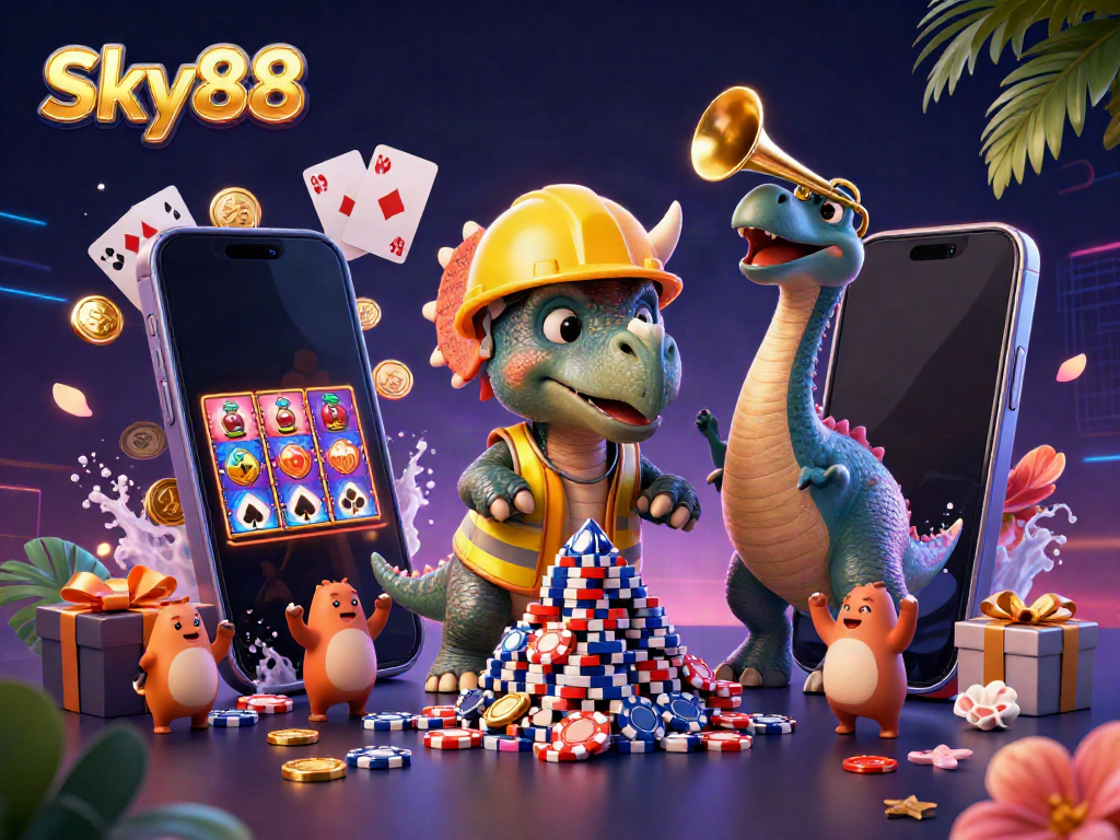 Celebrate big wins with Sky88: a vibrant 3D scene of cartoon dinosaurs joyfully building poker chips amidst casino games.