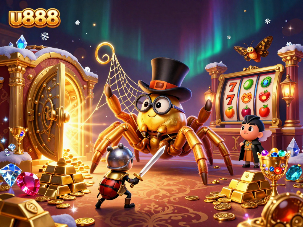 Experience thrilling slots at u888 with a grand illustration featuring vibrant characters and dynamic casino elements.