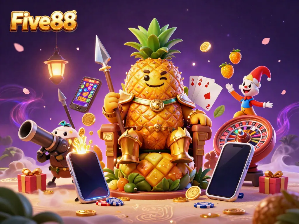 Engage in entertainment at Five88 with the golden pineapple king in a vibrant casino scene.