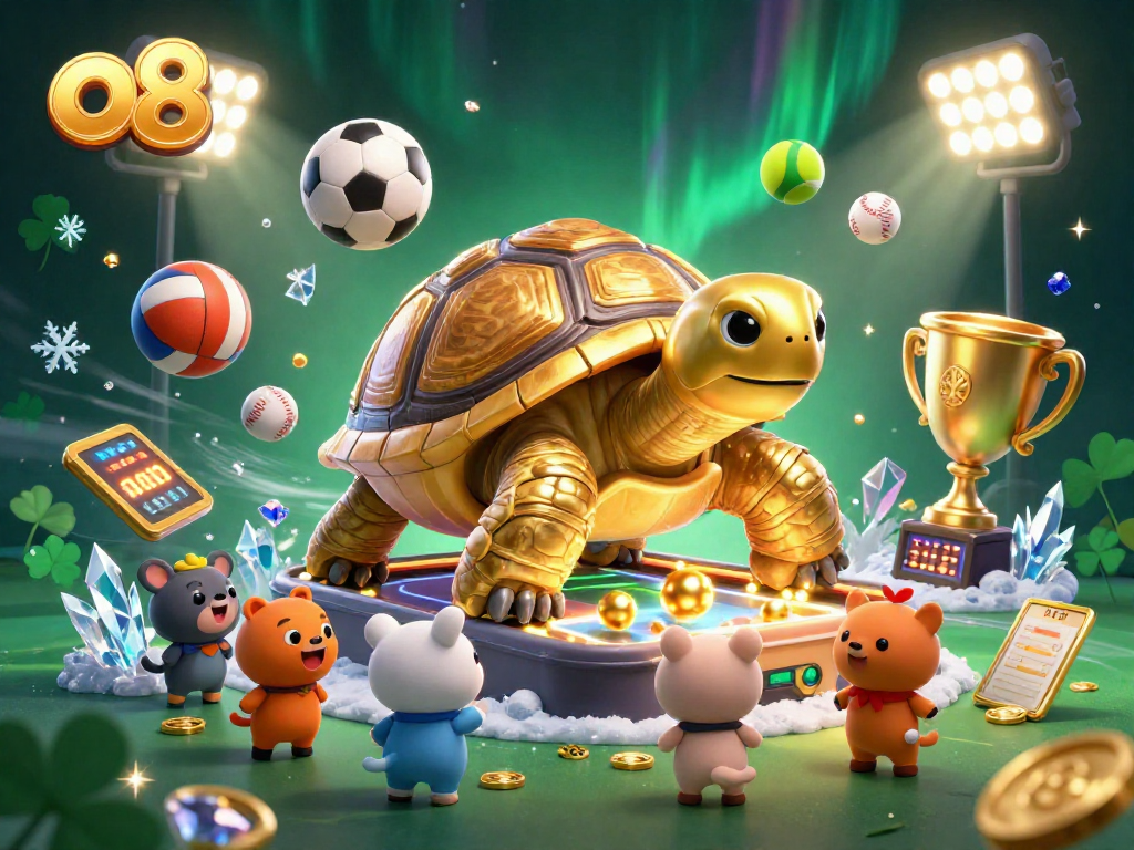 Experience thrilling games at o8 with a lively scene of a colossal tortoise pinball machine and vibrant gambling elements.
