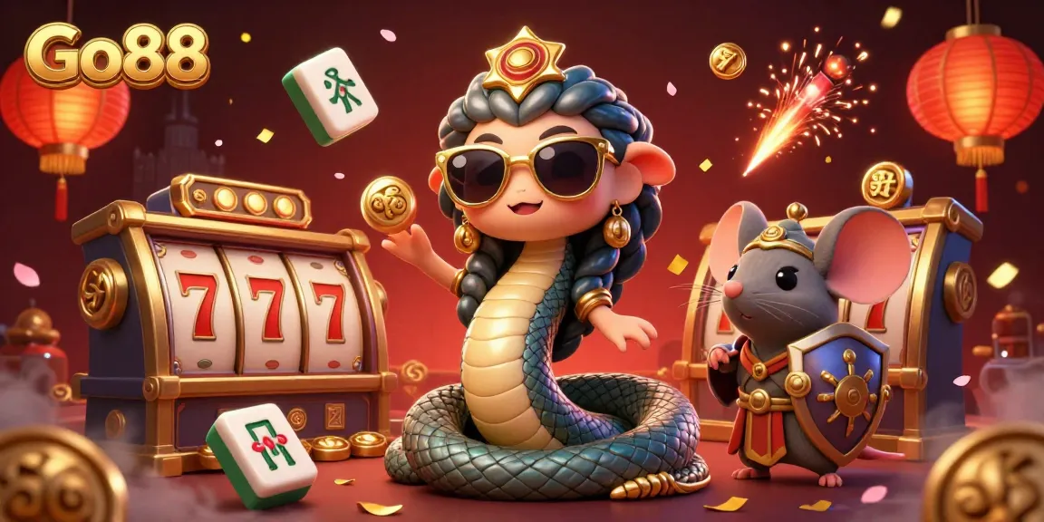 Experience thrilling casino adventures with Go88, celebrating wins with exciting slot reels and character interactions.