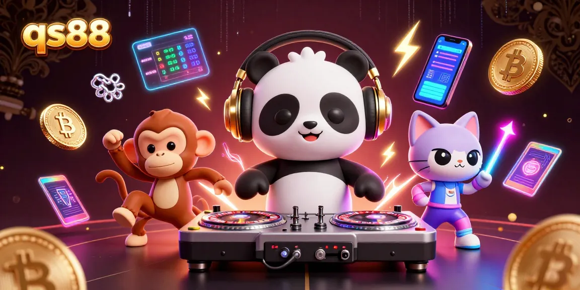 qs88 featuring a DJ panda and friends in a vibrant 3D casino scene filled with crypto elements.
