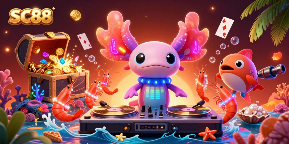 Experience SC88's vibrant gaming world with a DJ axolotl, gold coins, and vibrant characters in action.
