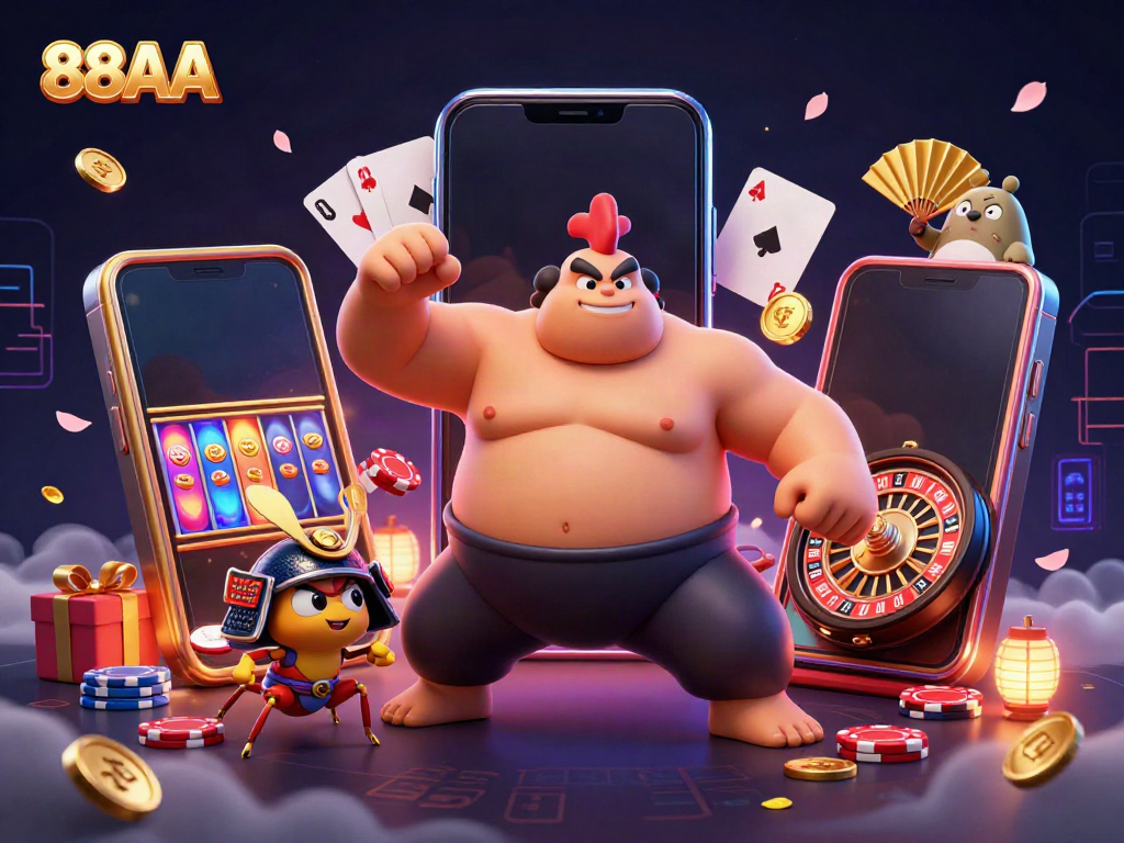 88AA offers a vibrant online gaming scene with a powerful sumo rooster and samurai cricket battling in a casino environment.