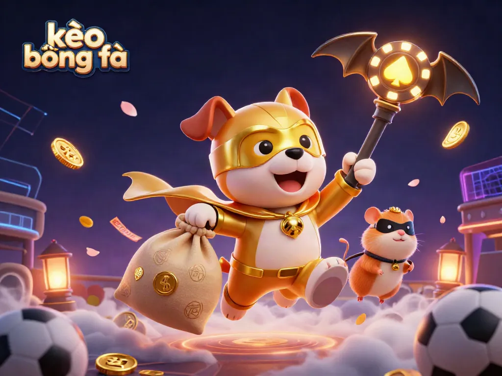 Engage in thrilling sports betting with kèo bóng đá, featuring colorful dynamic elements and lively characters.