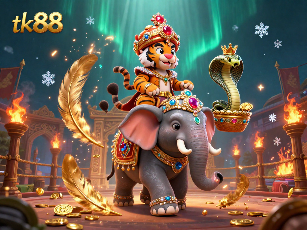 Experience thrilling gameplay at tk88 with vibrant casino action featuring a maharaja, elephant, and cobra.
