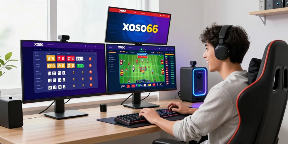 Excited user engaging with xoso66 online betting platform in a vibrant digital workspace.