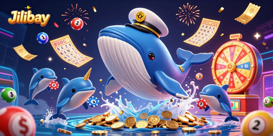Jilibay features a colossal whale and narwhal amidst a celebration of vibrant lottery themes and games.