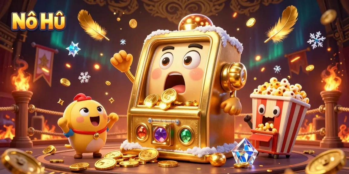 Nổ Hũ slot machine hits jackpot as coins overflow, surrounded by cheering companions, immersive casino scene.