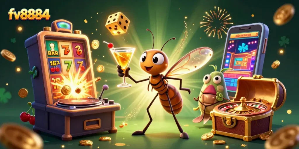 Experience fv8884's thrilling casino atmosphere with vibrant characters and dynamic wins in an engaging visual.