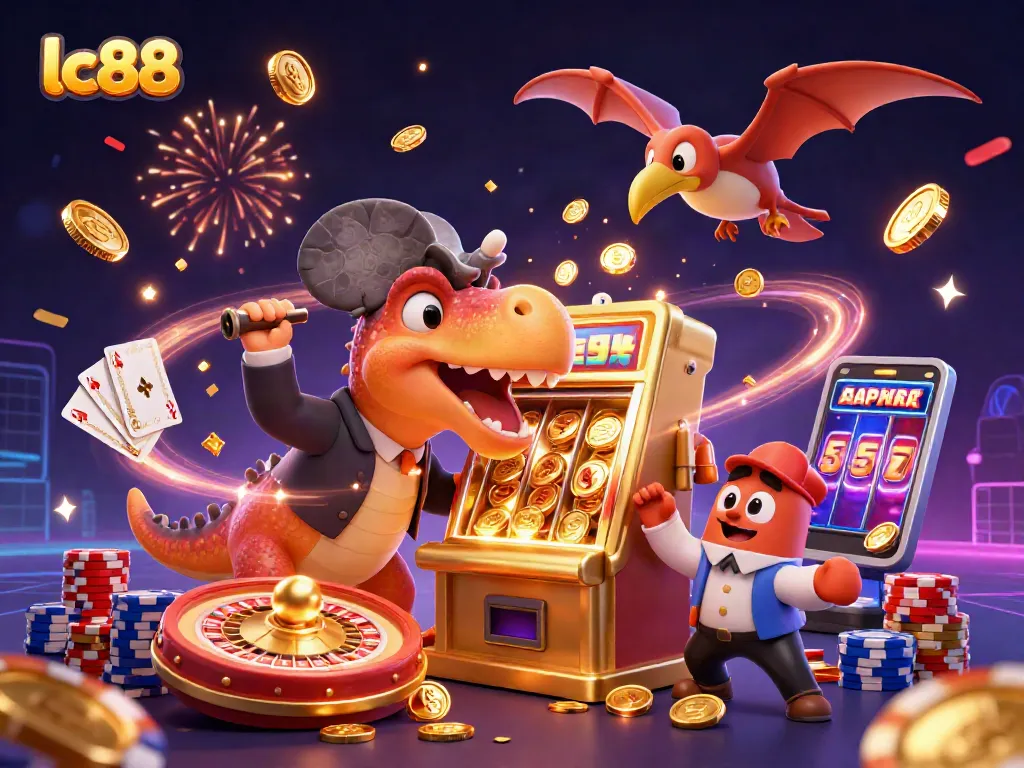 lc88 jackpot scene with a dinosaur, slot machine, and flying coins in a lively casino atmosphere