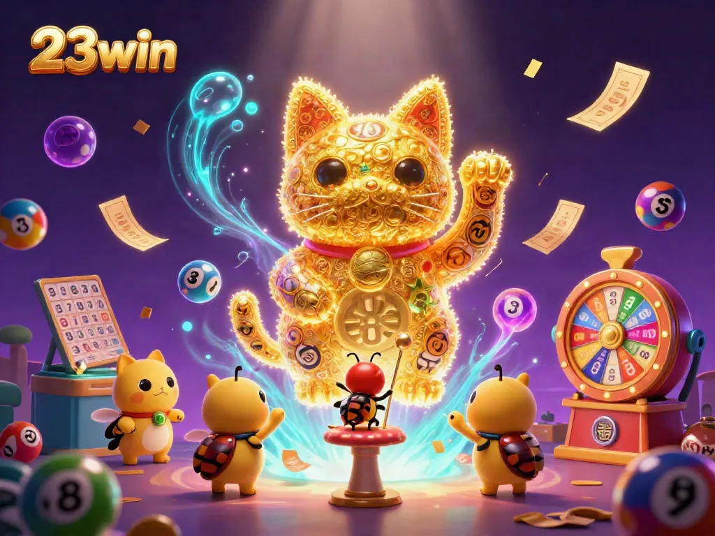 Experience the thrill of 23win with a vibrant casino scene featuring a lucky cat.