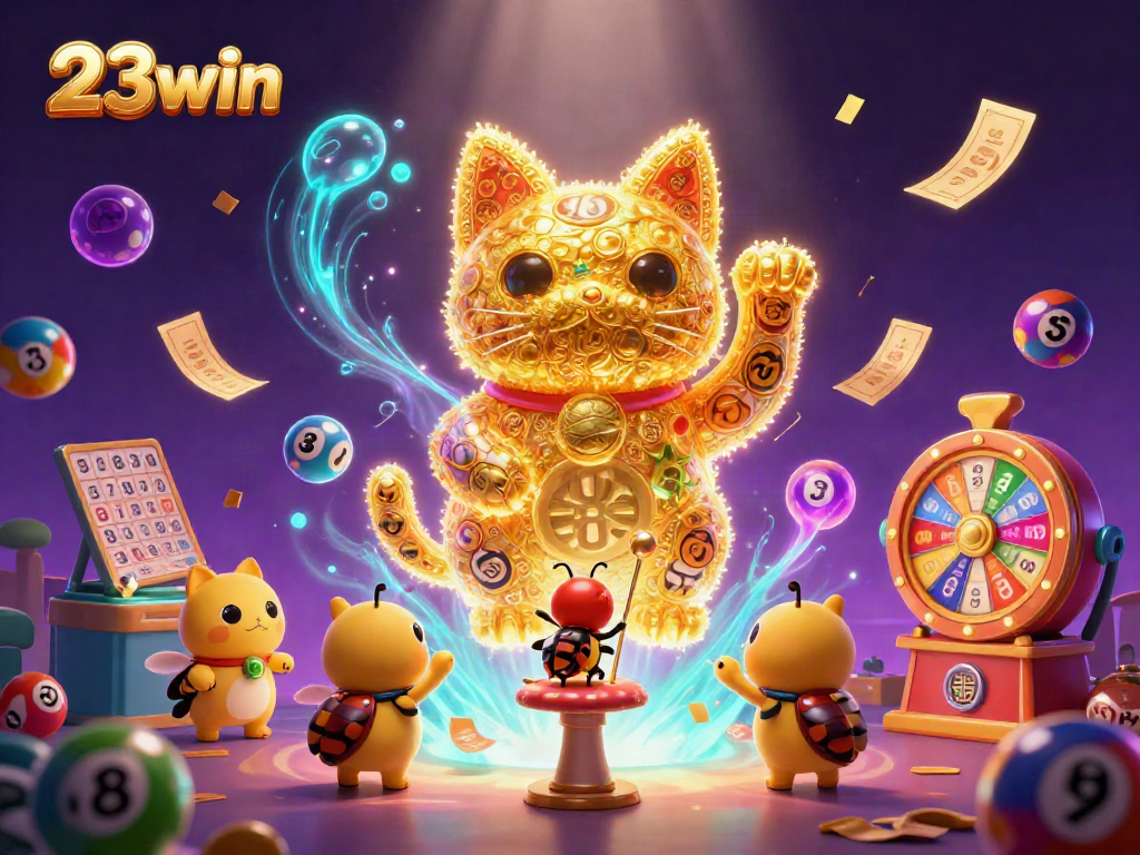 Experience the thrill of 23win with a vibrant casino scene featuring a lucky cat.