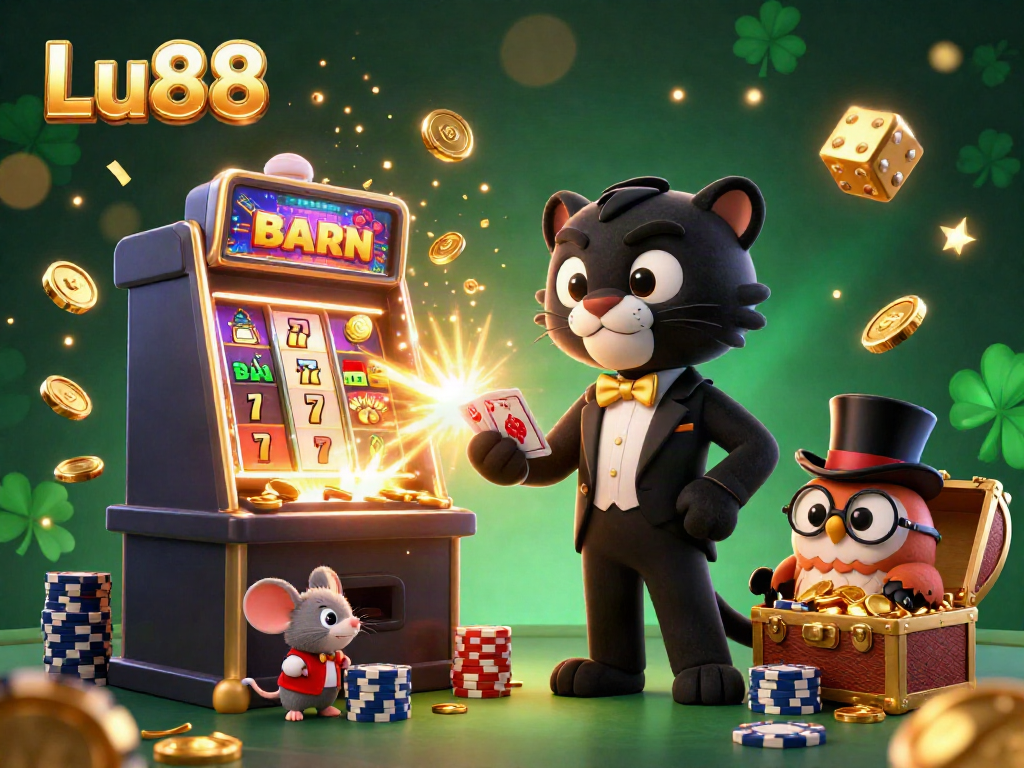Experience the excitement of Lu88 with a stylish black panther dealer, an owl with poker chips, and a lucky mouse amidst vibrant casino elements.