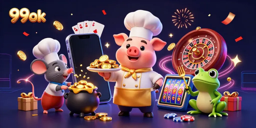 Experience the lively atmosphere of 99ok with a chef pig serving gold coins, celebrating casino excitement.