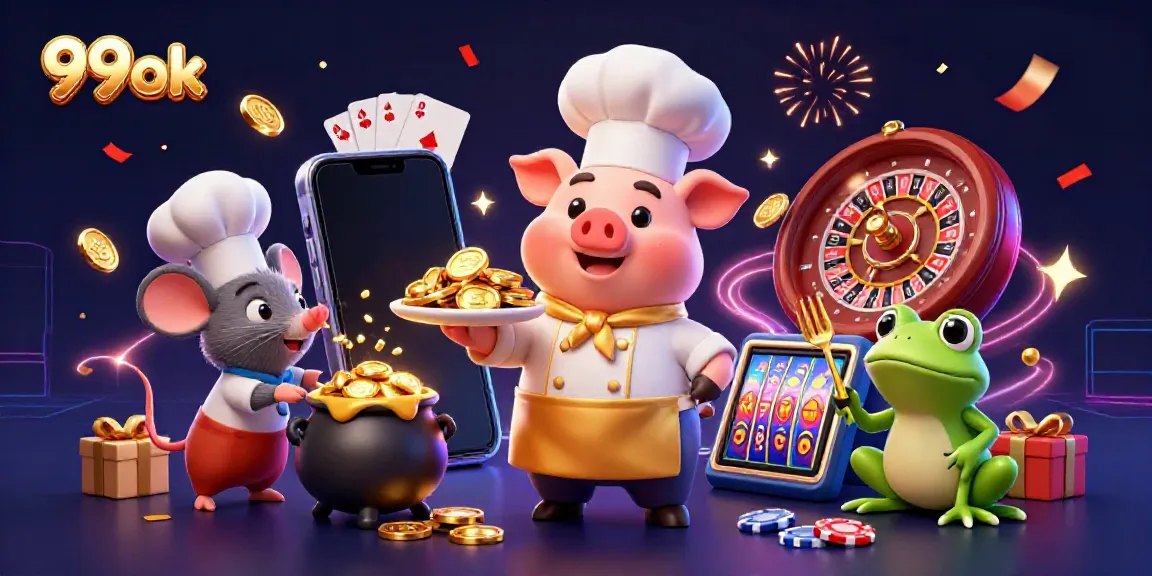 Experience the lively atmosphere of 99ok with a chef pig serving gold coins, celebrating casino excitement.