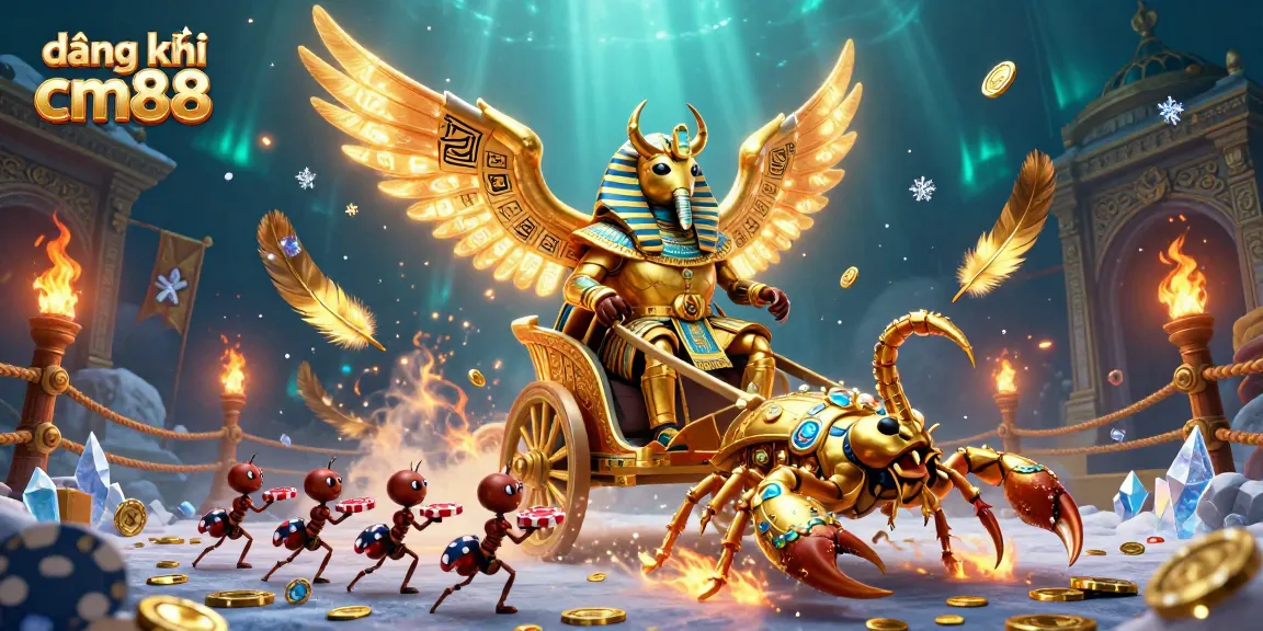 Engage with đăng ký cm88 by exploring a vibrant casino scene featuring a hero beetle, scorpions, and poker chips.