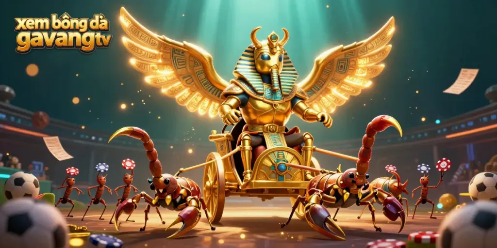 Engage in xem bóng đá gavangtv with an exciting scene featuring a scarab beetle and vibrant sports elements.