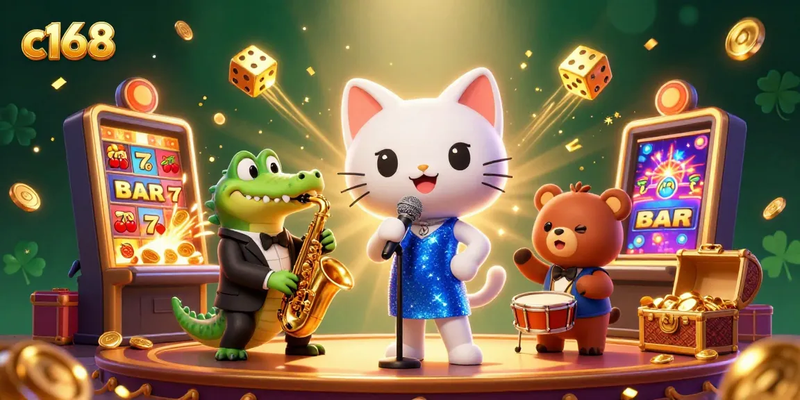 Spin the c168 jackpot with vibrant cartoon characters in a lively casino celebration.