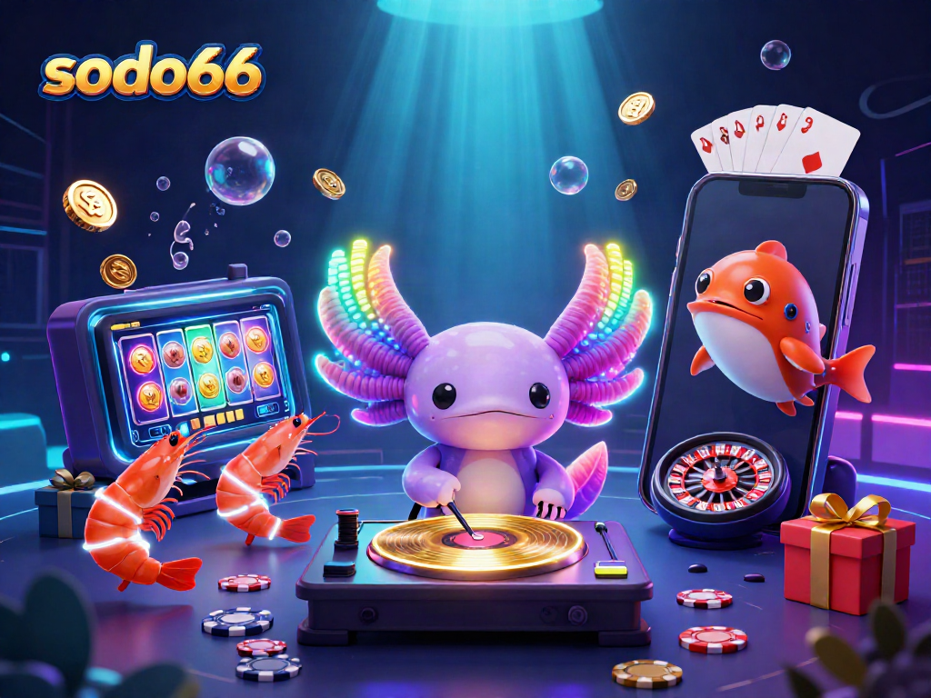 Watch sodo66's vibrant underwater casino scene with a neon DJ axolotl and animated shrimp.