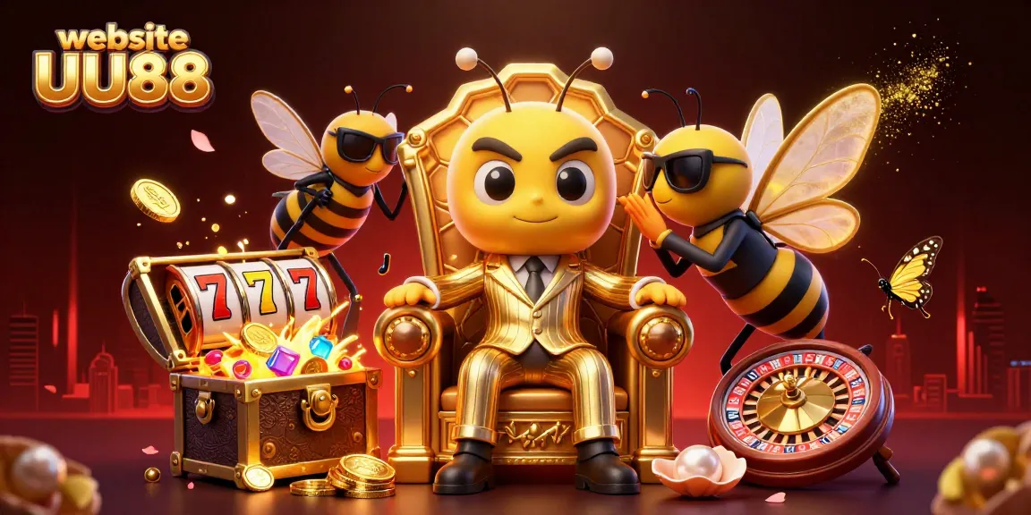 Experience the excitement on the website UU88 with a vibrant 3D casino scene filled with games and treasures.