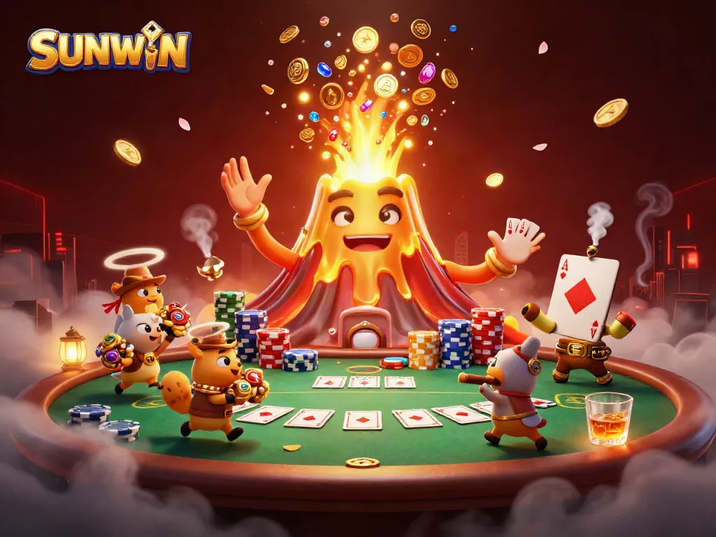 Engage with SUNWIN's dynamic casino scene featuring an erupting volcano and explorers rushing for treasures.