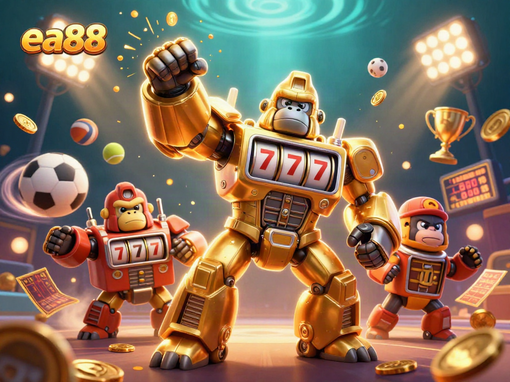 Join the winning action at ea88 with an explosive golden gorilla mech showcasing thrilling sports betting elements.