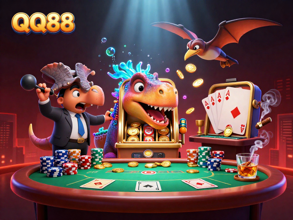 Experience thrilling wins with QQ88 as a pachycephalosaurus boosts a golden slot machine!