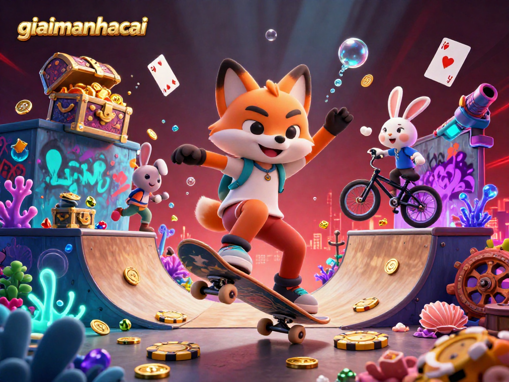 Experience the thrill with giaimanhacai through a dynamic 3D casino scene featuring vibrant characters and elements.