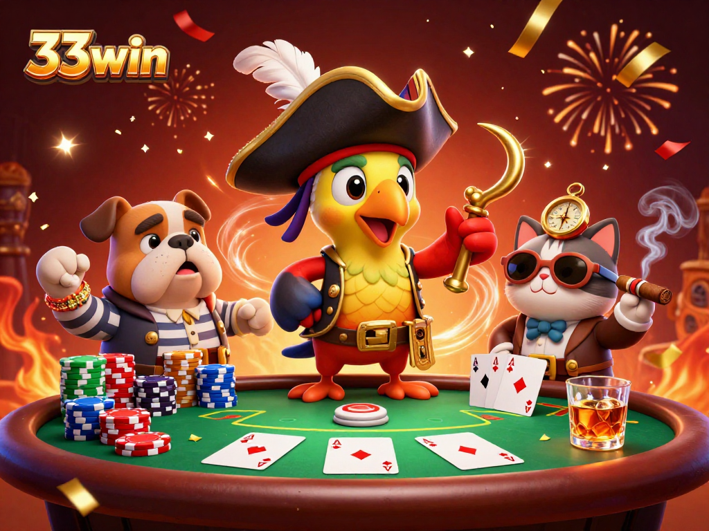 Join the excitement at 33win with pirate-themed poker action and vibrant casino elements.
