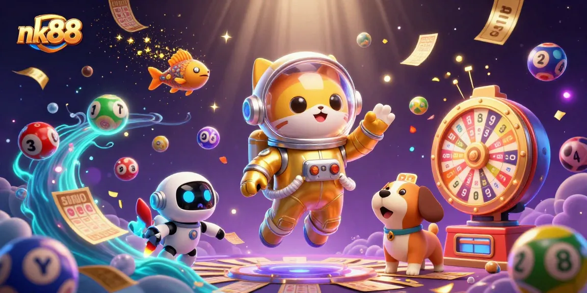 Engage with nk88 as a 3D cartoon astronaut cat and robot dog float in a vibrant lottery scene.