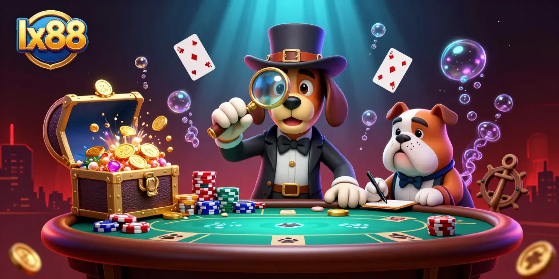lx88 showcases a lively scene with a detective bloodhound exploring poker clues and treasure.