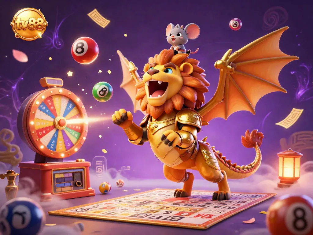 Experience thrilling lottery action with tv88 as a vibrant chimera and mouse champion amidst colorful game elements.