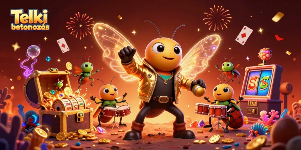 Engaging scene illustrating Telki betonozás featuring a cicada rock star and lively gaming elements.