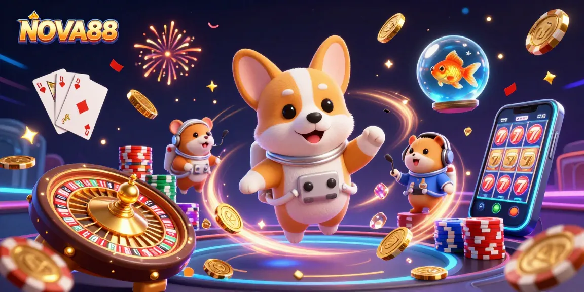 Join the fun at NOVA88 as a corgi plays in a zero-gravity casino with vibrant games and opportunities.