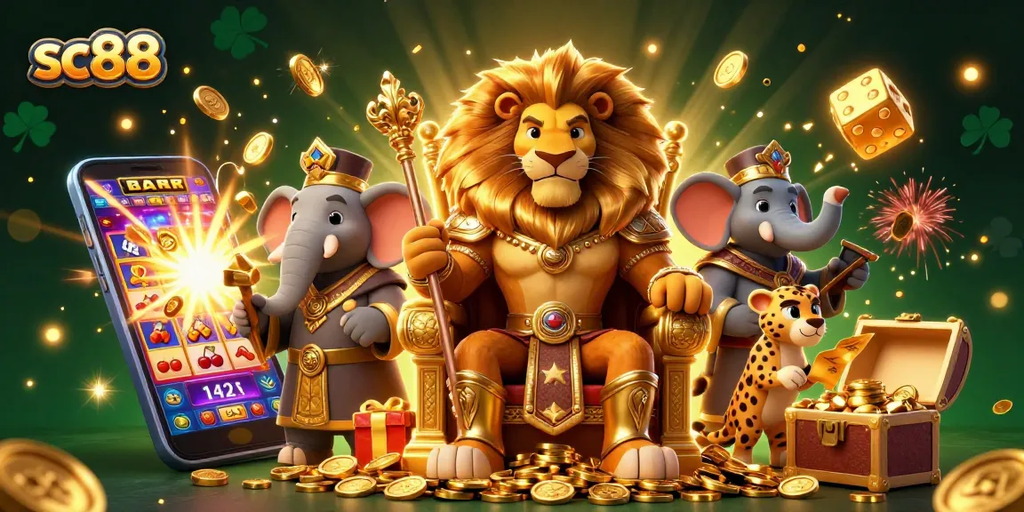 Engage with sc88's vibrant casino scene featuring a lion king, elephant advisor, and cheetah messenger.
