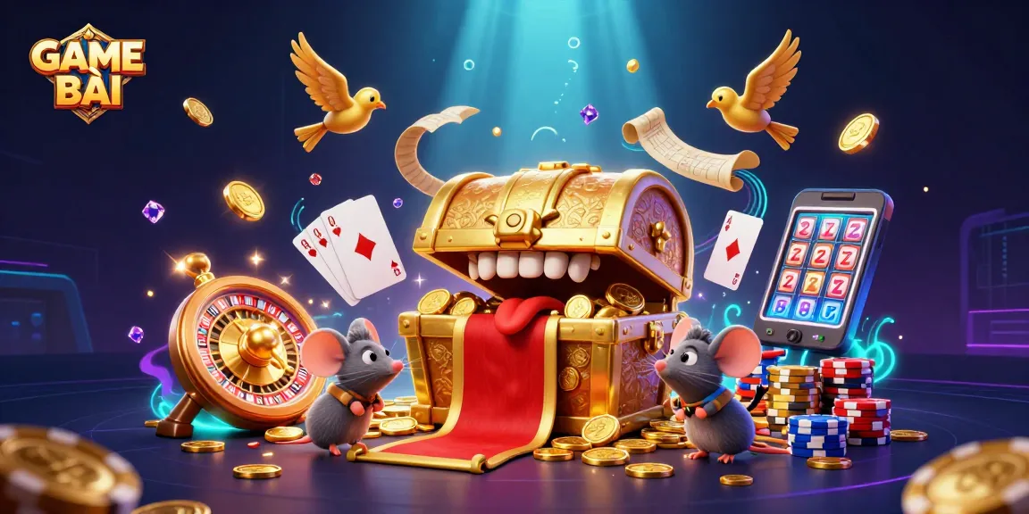 Engage with GAME BÀI through a vibrant scene of golden treasures and dynamic casino elements.