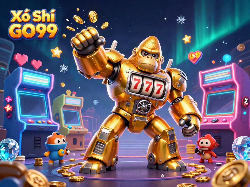 Xổ Số GO99 brings excitement with a dynamic cartoon scene featuring a golden mech and arcade machines.