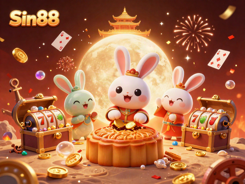 Experience the excitement of Sin88 with a vibrant 3D casino illustration featuring lively characters and slot games.