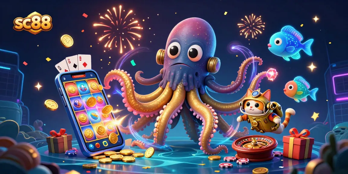 Engage with sc88's vibrant 3D chaos featuring a kraken, a diving cat, and casino elements, all immersed in excitement.