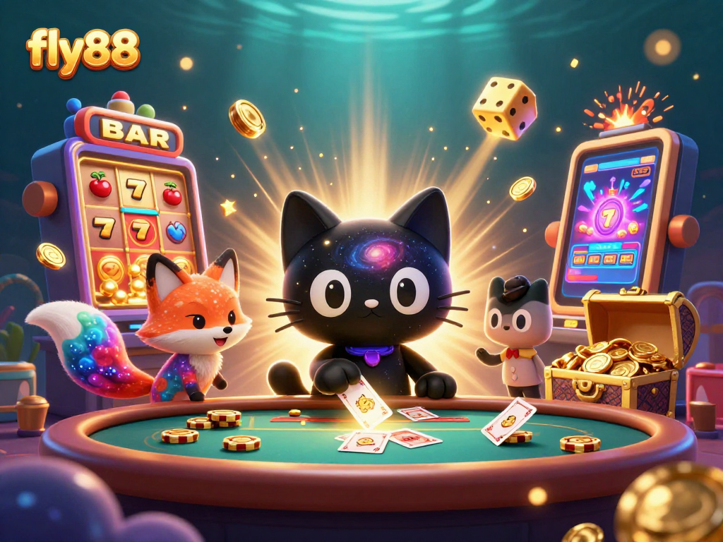 Engage with fly88's vibrant cosmic casino, featuring a black hole cat and slot machine bursts for ultimate fun.