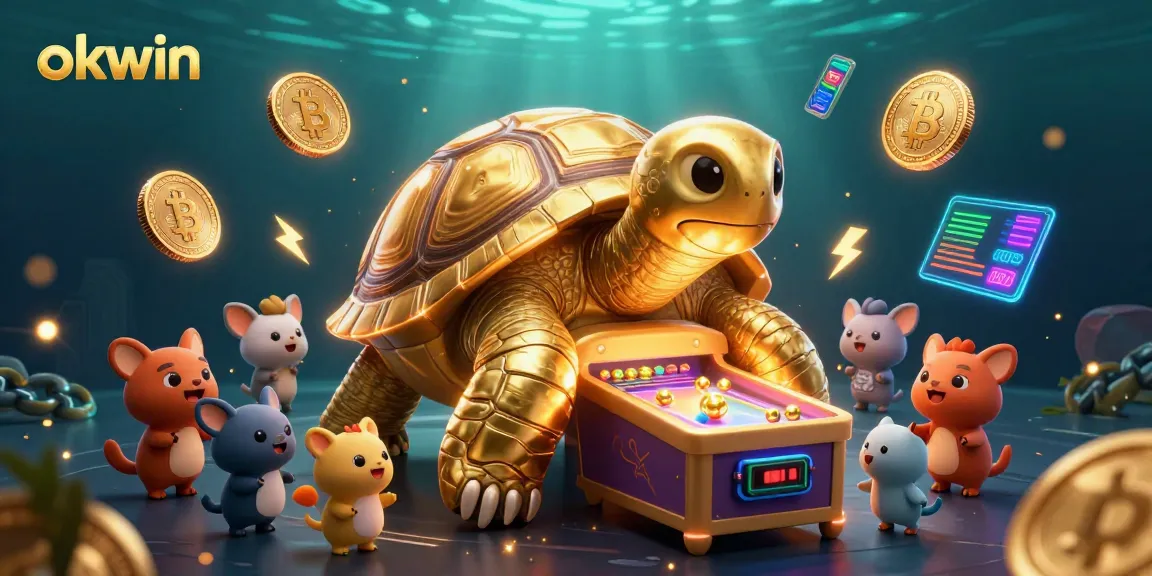Experience thrilling gameplay with okwin in this vibrant casino-themed illustration, featuring a giant tortoise pinball machine.