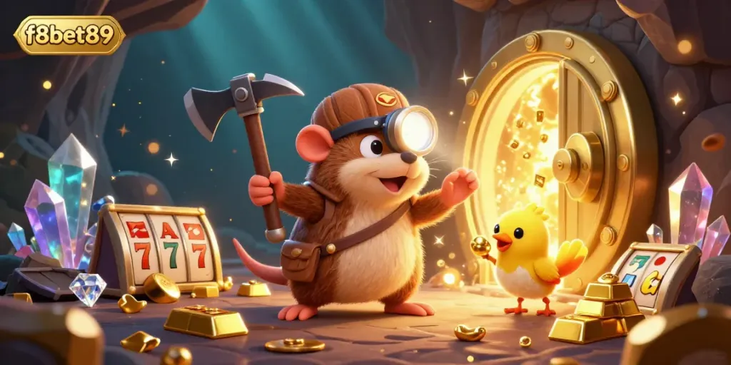 Experience vibrant gaming excitement with f8bet89 as treasure-hunting characters explore dazzling casino riches.