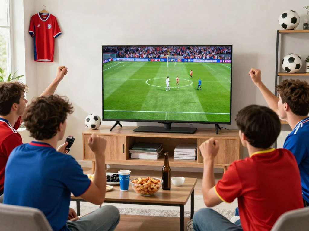 Gavangtv football fans enjoying a live match with snacks and excitement in a cozy living room.